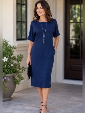 Karen Scott Sport Mid Length 100% Cotton Navy Dress with Cuff Sleeves Size M